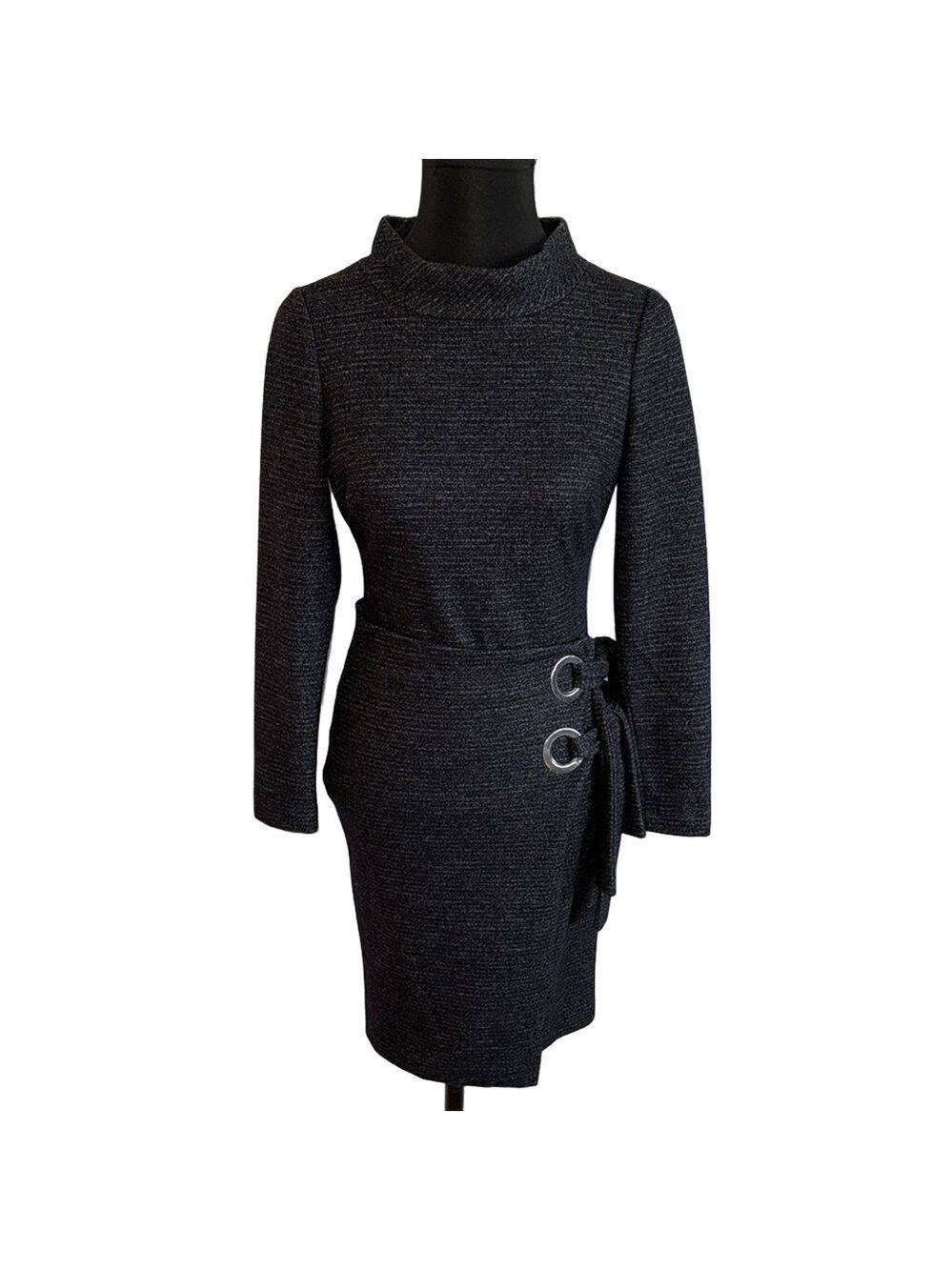 Badgley Mischka Women’s Size 2 Black Heathered Wrap Sheath Dress Buckle Detail